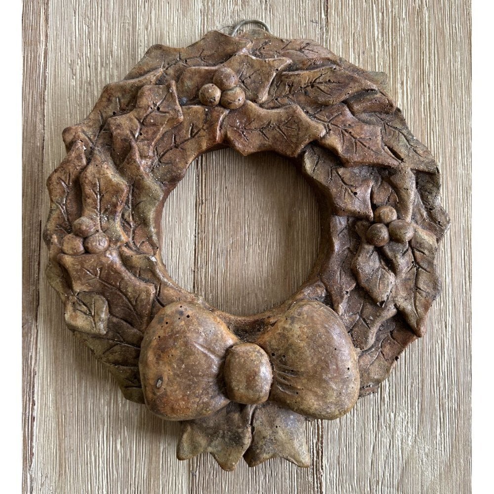 Hand Crafted Pottery Holly Wreath Hand Made Rustic Country Christmas 8” diameter